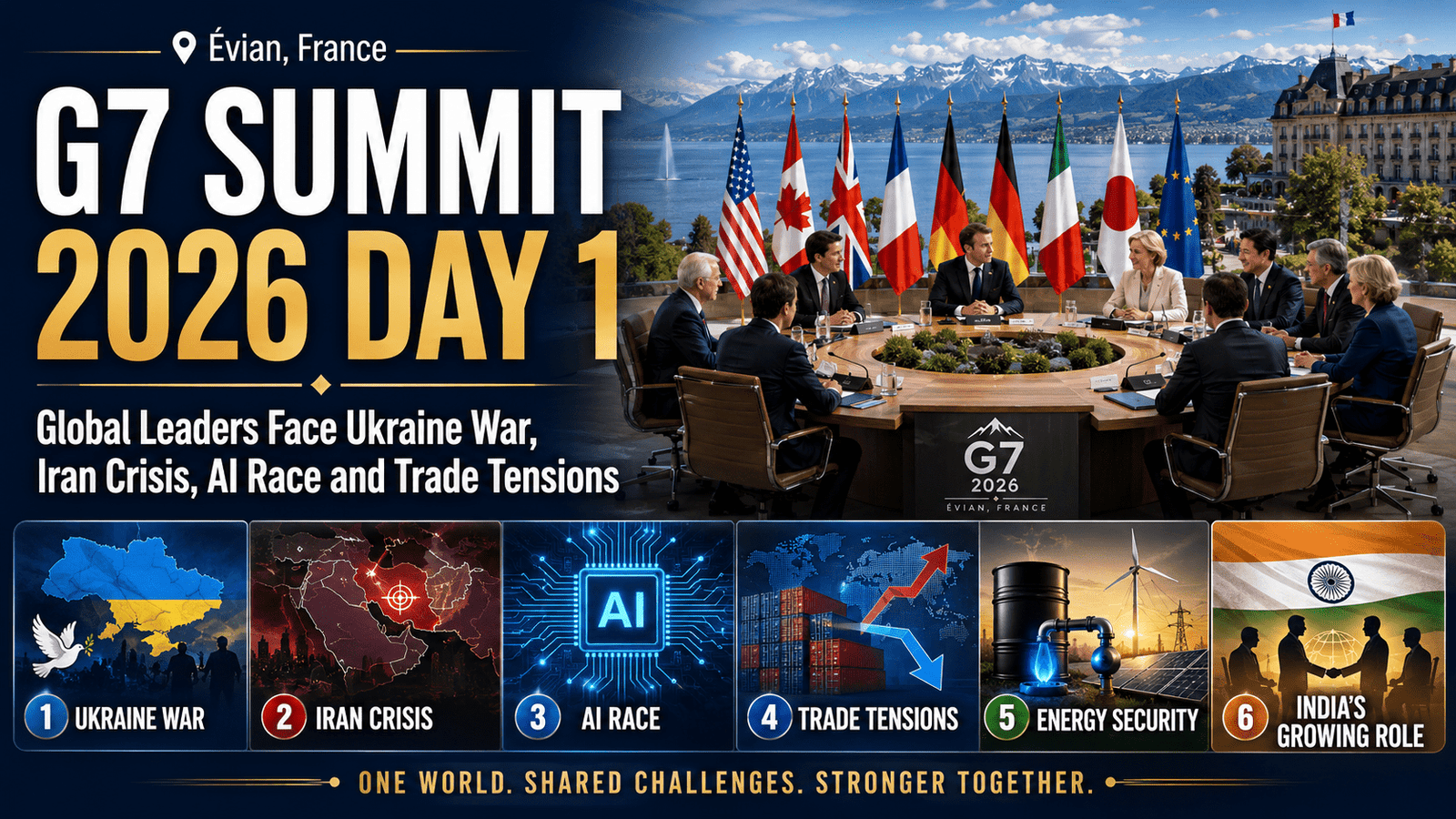 G7 Summit 2026 Day 1 Global Leaders Face Ukraine War, Iran Crisis, AI Race and Trade Tensions