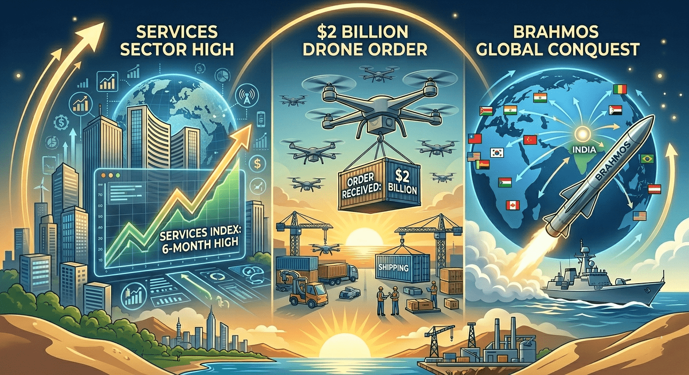 India Rising Services Hit a 6-Month High, a $2 Billion Drone Order Is Coming, and BrahMos Is Conquering the World