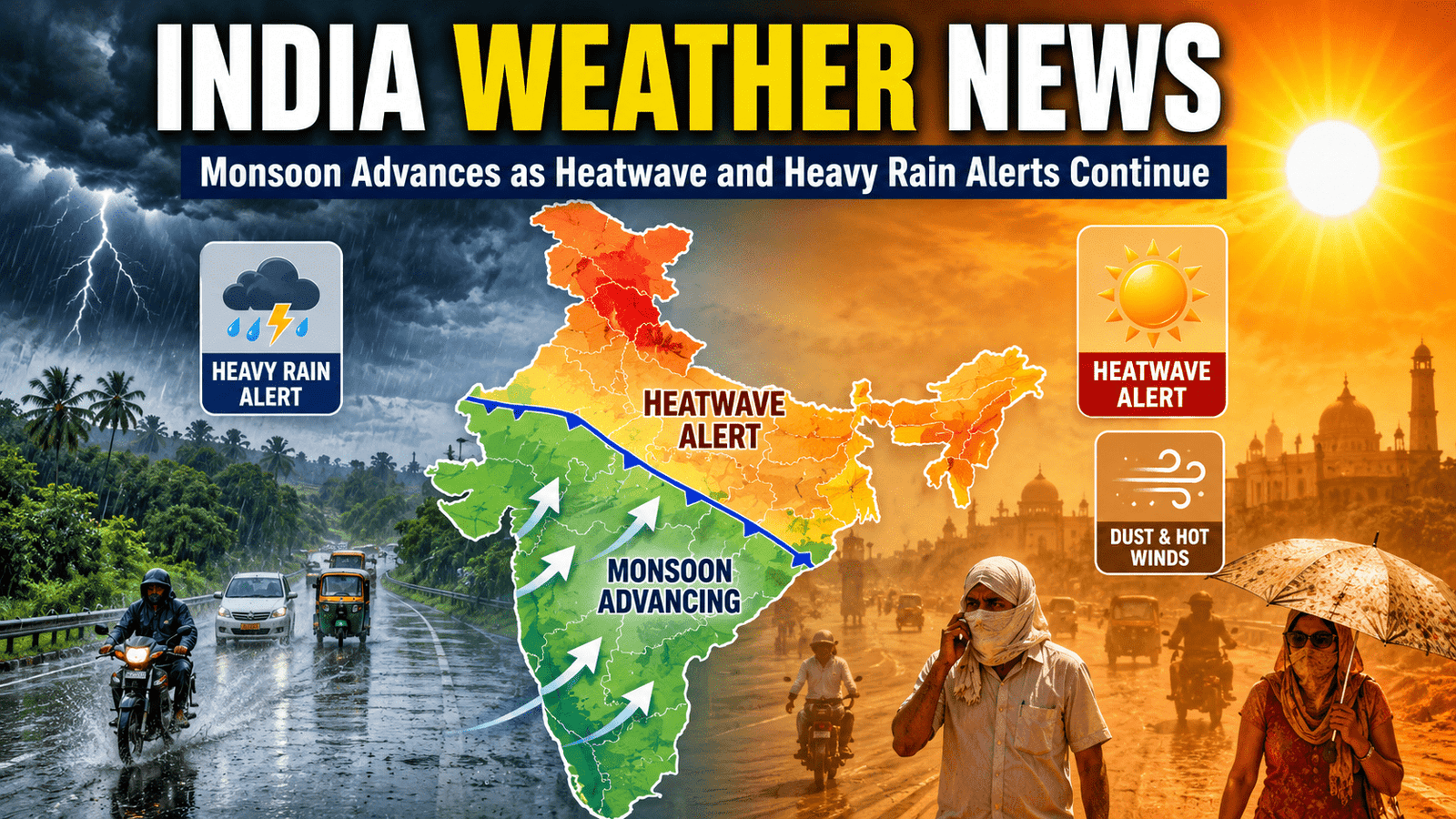 India Weather News Monsoon Advances as Heatwave and Heavy Rain Alerts Continue