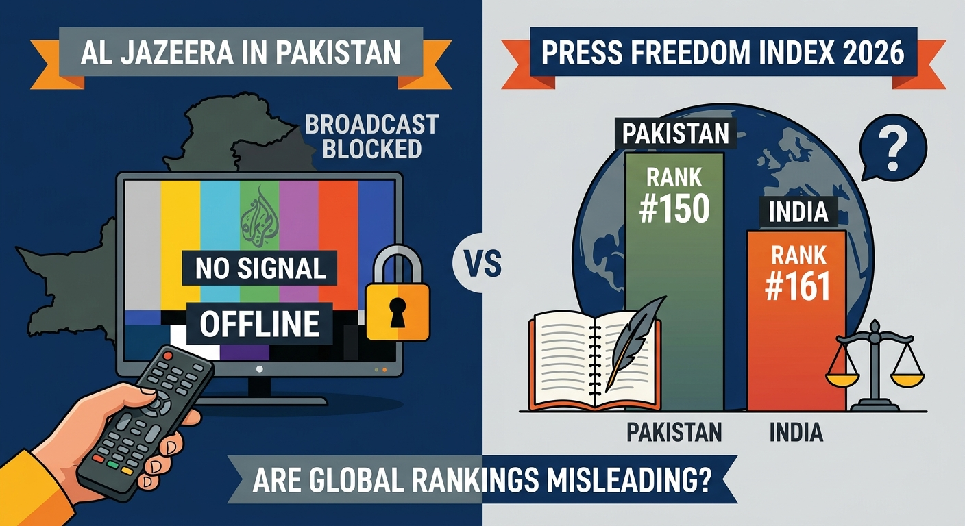 Al Jazeera Goes Dark in Pakistan—Yet Pakistan Ranks Above India in Press Freedom Meta Description Al Jazeera became inaccessible in Pakistan, yet Pakistan ranks above India in the 2026 Press Freedom Index. Are global rankings misleading Generate a featured image for my article , make sure it is copywrite free and adsense complient.